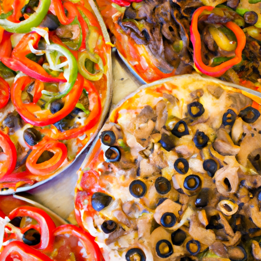 Assortment of colorful and fresh pizza toppings including peppers, olives, tomatoes, and mushrooms.