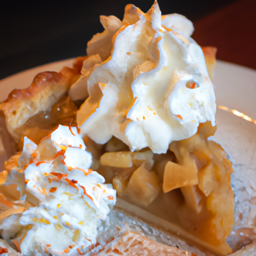 A slice of apple pie served with a dollop of whipped cream and a sprinkle of cinnamon